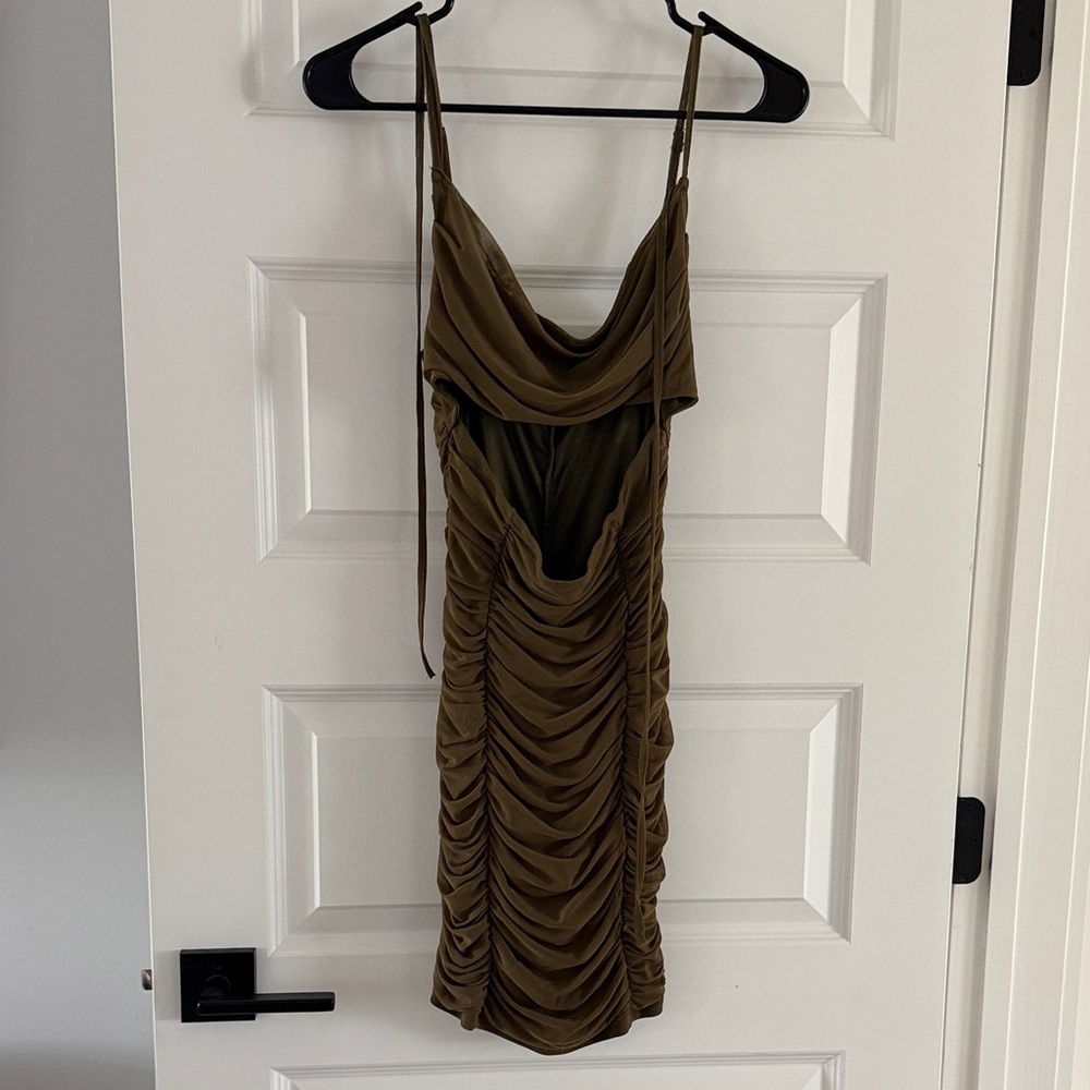 Elegant Olive Green Ruched Dress size small